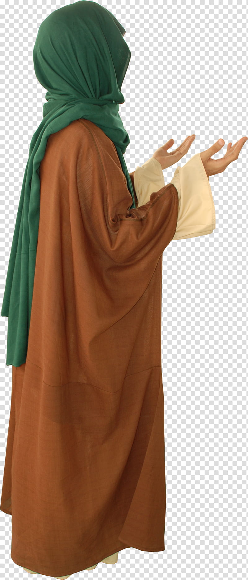 Arab old style clothes , standing person wearing brown dress and green headscarf transparent background PNG clipart
