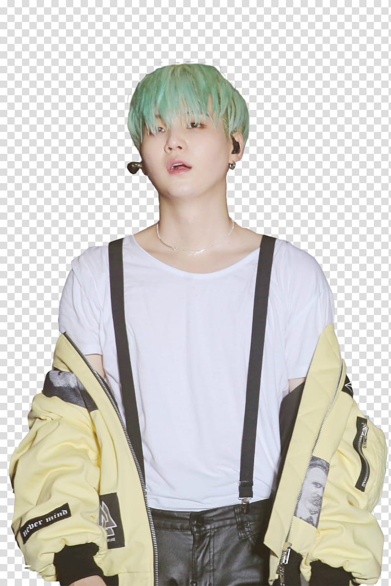 Suga BTS , man wearing white t-shirt and black suspenders transparent background PNG clipart
