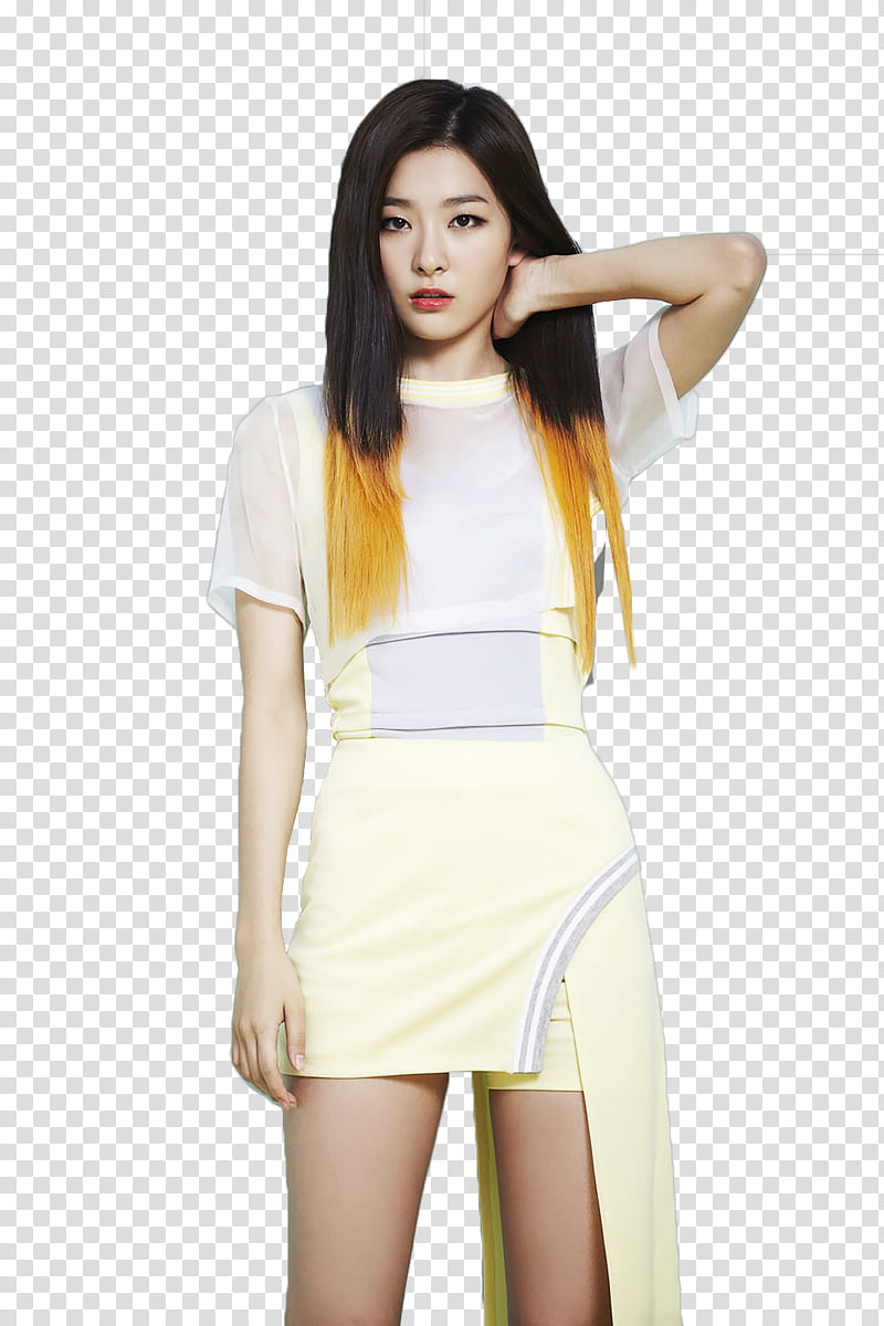 Red Velvet Solo Happiness, standing woman wearing white and yellow dress while hands on back of her head transparent background PNG clipart