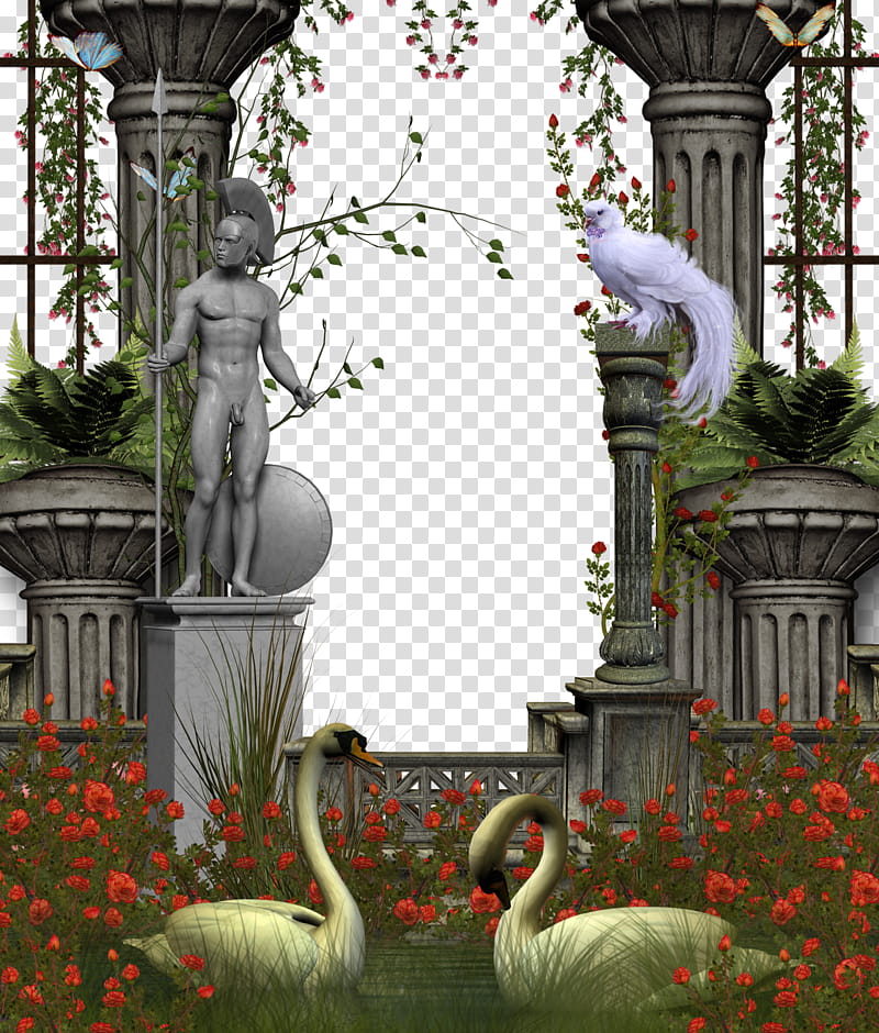 medieval structure , two white swans near statue transparent background PNG clipart