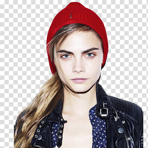 Cara Delevingne, woman wearing red knit cap transparent background PNG clipart