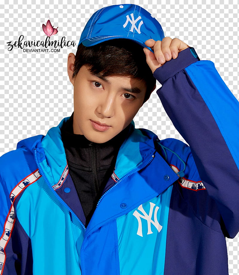 EXO Suho MLB, man wearing blue New York zip-up jacket and curve-brimmed ...