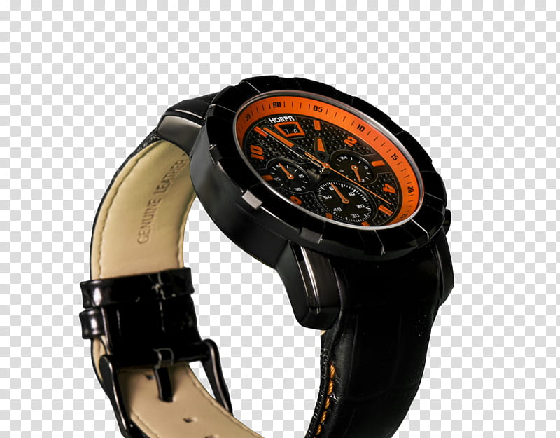 Black orange watch , round black chronograph watch transparent background PNG clipart