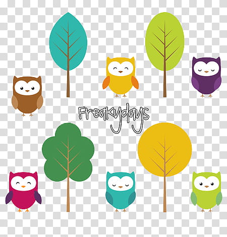 All About Owls, six assorted-color owls standing beside trees illustration transparent background PNG clipart