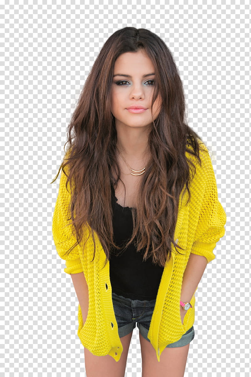 Recursos Liossi, smiling Selena Gomez in yellow cardigan transparent background PNG clipart