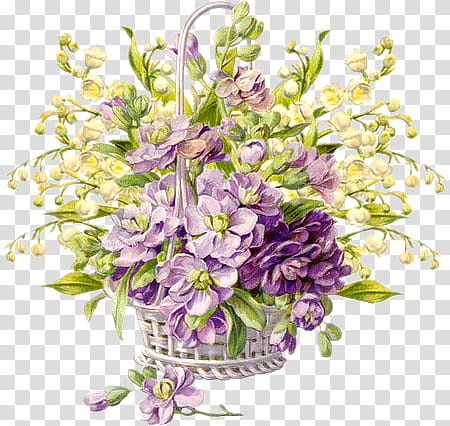Vintage flower , basket of purple flowers transparent background PNG clipart