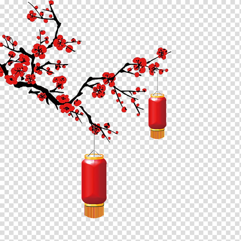 Chinese New Year Flower, Plum Blossom, Lantern, Midautumn Festival, Papercutting, Motif, Branch, Tree transparent background PNG clipart