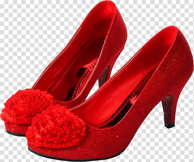 Red Shoes, pair of red flower-accent heeled shoes transparent background PNG clipart