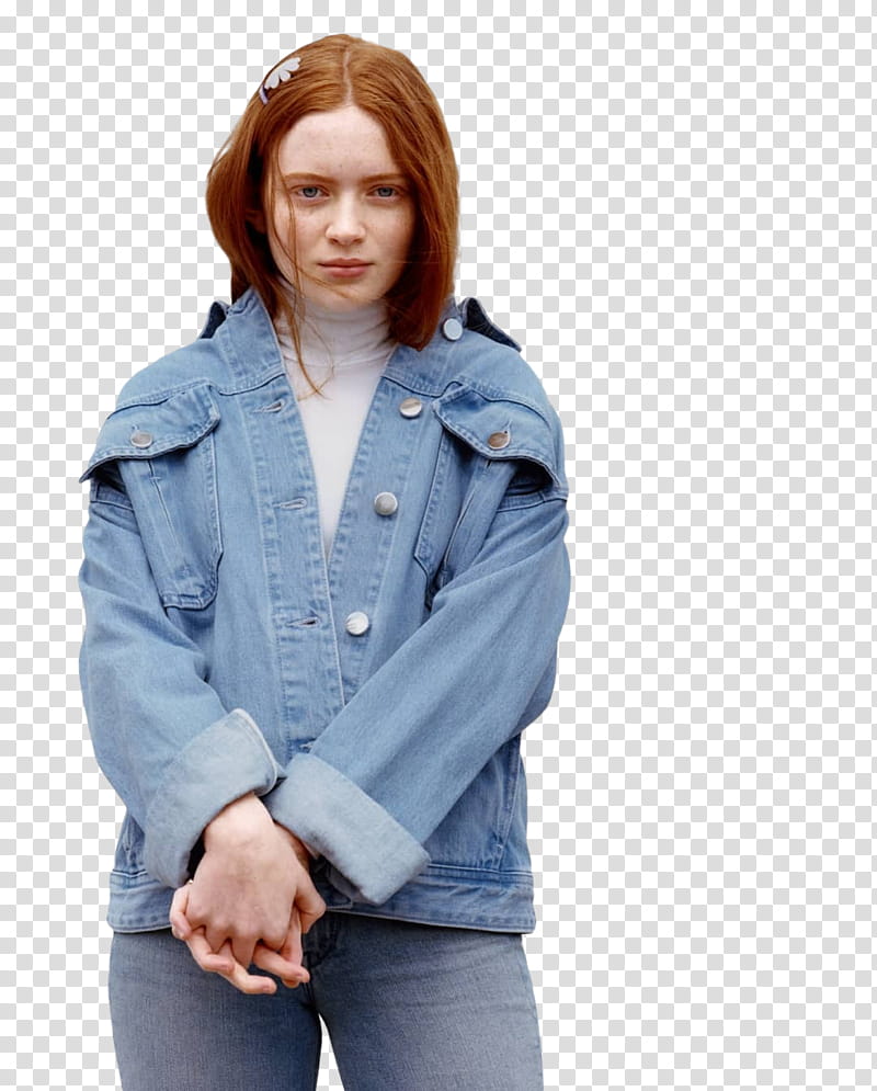 Sadie Sink, women's blue denim button-up jacket transparent background PNG clipart