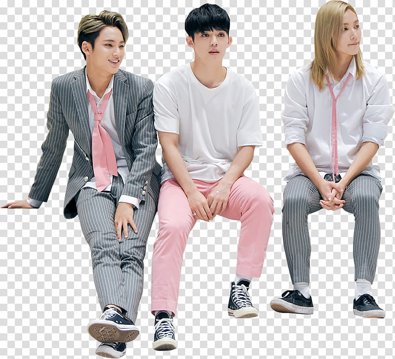 Seventeen mingyu coups jeonghan, three men sitting side-by-side transparent background PNG clipart