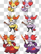 Fennekin, Braixen, Delphox Sprites, six Pokemons transparent background PNG clipart