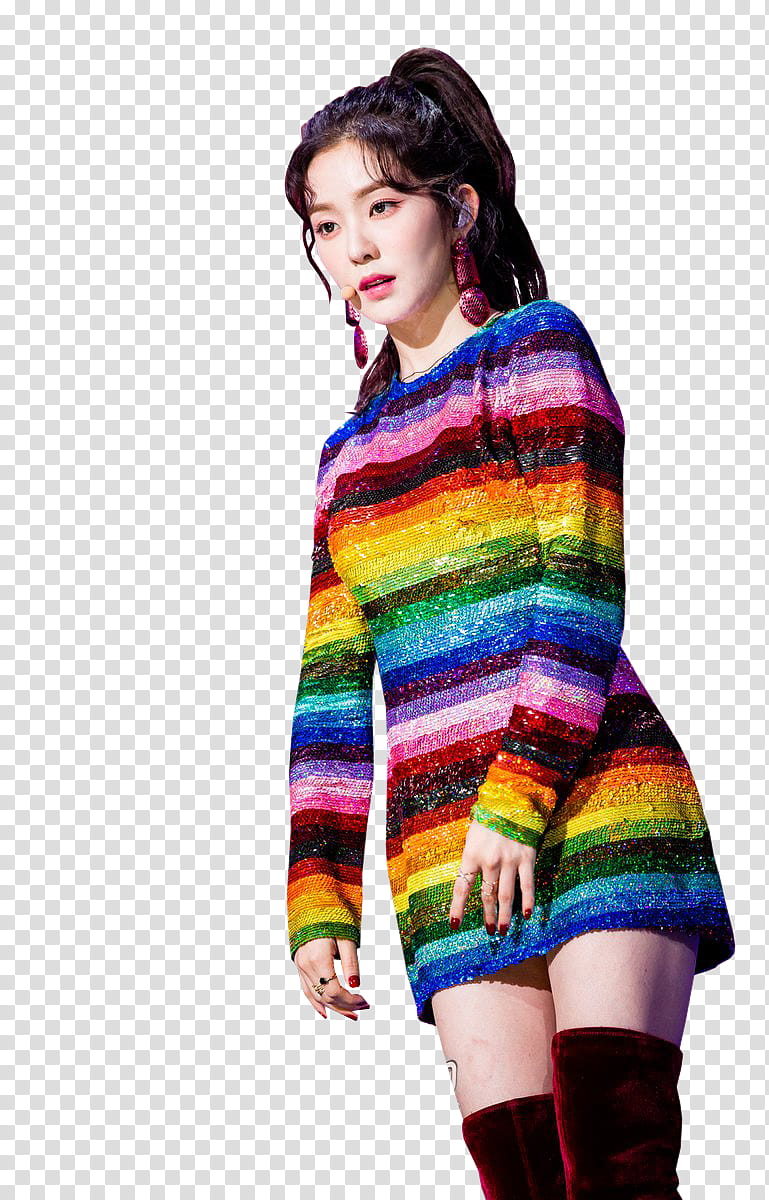 Irene  WrappedInPolythene, woman in multicolored rainbow glitter long-sleeved minidress transparent background PNG clipart