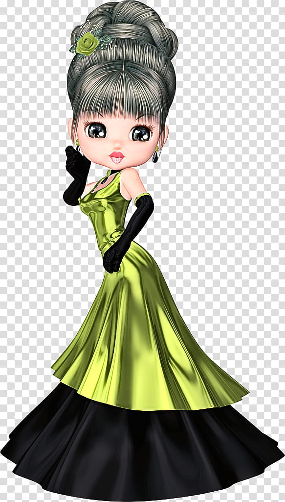 green gown cartoon dress doll, Costume Design, Fashion Design, Formal Wear, Animation, Style, Black Hair transparent background PNG clipart