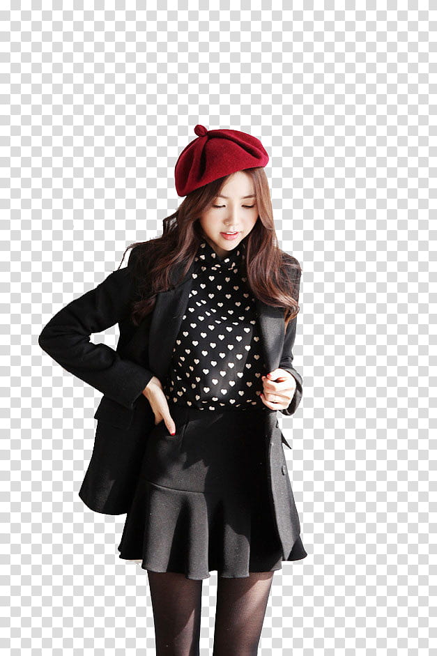 woman wearing black coat and red artist hat transparent background PNG clipart