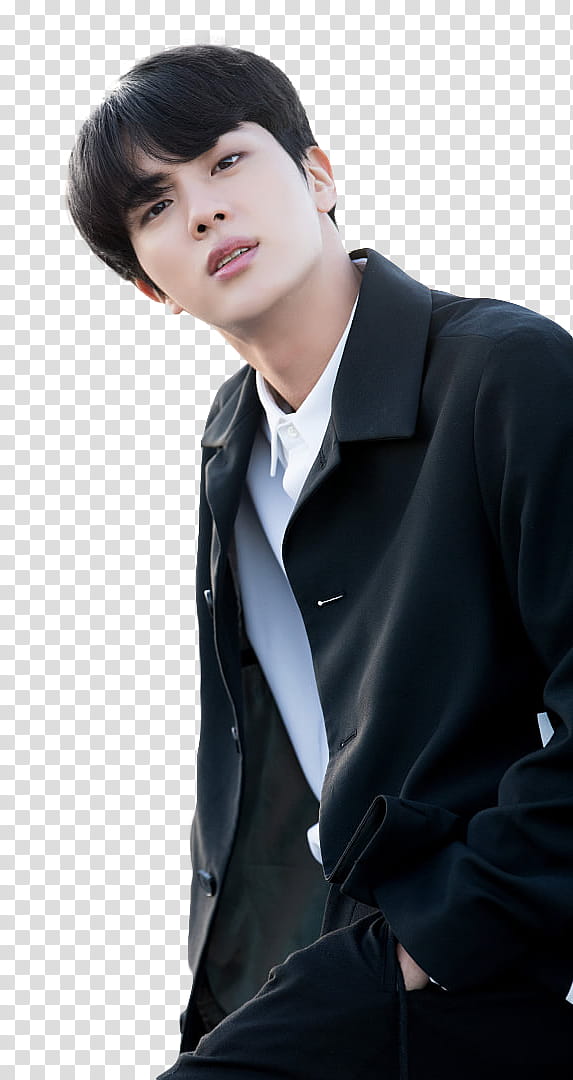 JIN BTS, man wearing black blazer while putting right hand on pocket transparent background PNG clipart