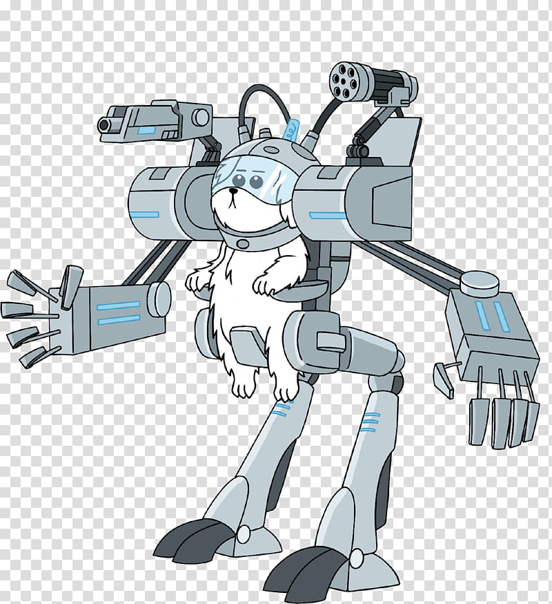 Rick and Morty HQ Resource , white dog piloting grey robot exoskeleton with guns illustration transparent background PNG clipart