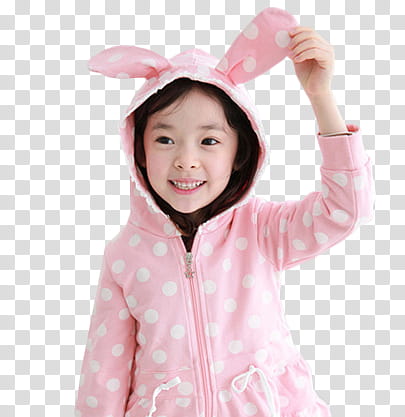RENDER Ulzzang Kid, girl wearing pink and white polka-dot bunny jacket transparent background PNG clipart