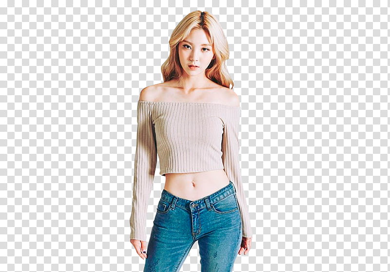 CHAE EUN, woman in gray off shoulder long sleeve top and blue denim bottoms transparent background PNG clipart