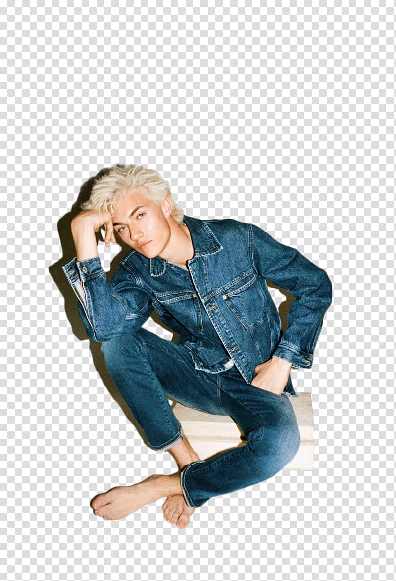 LUCKY BLUE SMITH, man sitting on wooden box transparent background PNG clipart