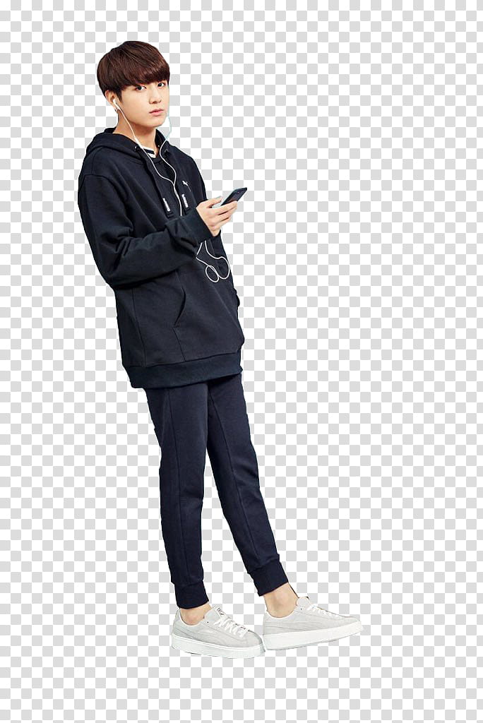 Bts  Puma, man using smartphone with earphones transparent background PNG clipart