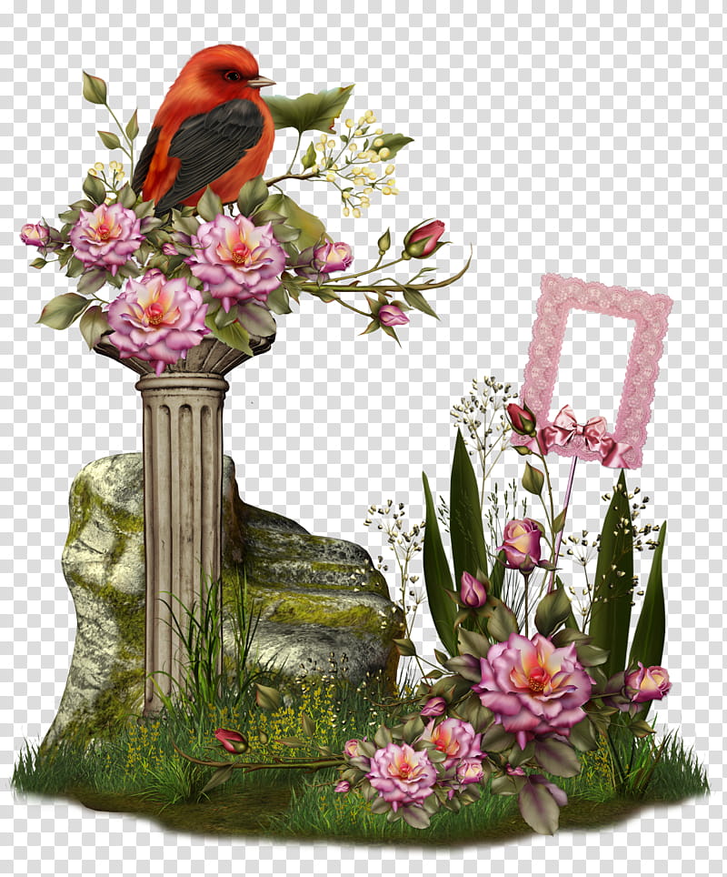Fantasy Rock , pink and red flowers and bird painting transparent background PNG clipart