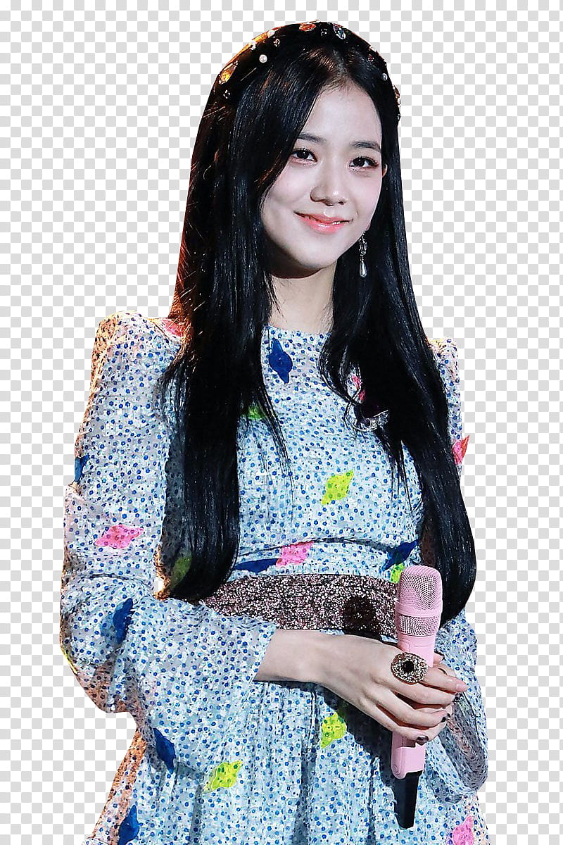 JISOO BLACKPINK , smiling woman wearing dress holding microphone transparent background PNG clipart