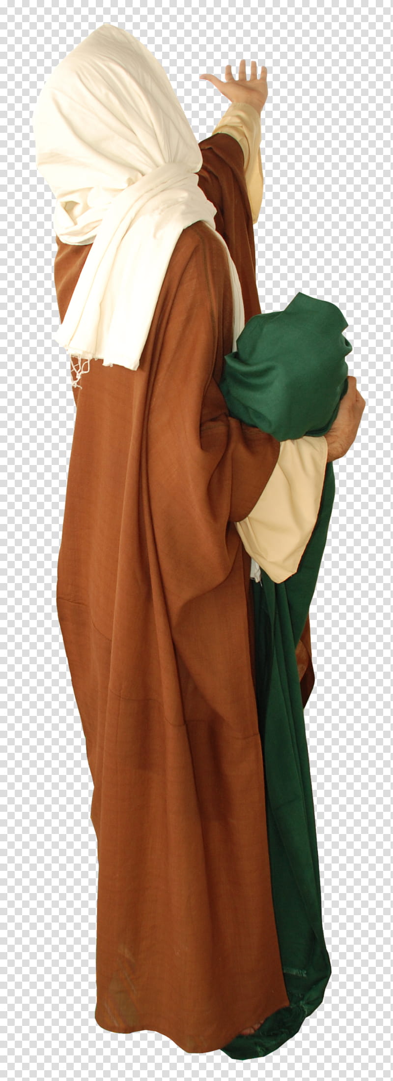 Arab old style clothes , person wearing white and brown dress holding green textil transparent background PNG clipart