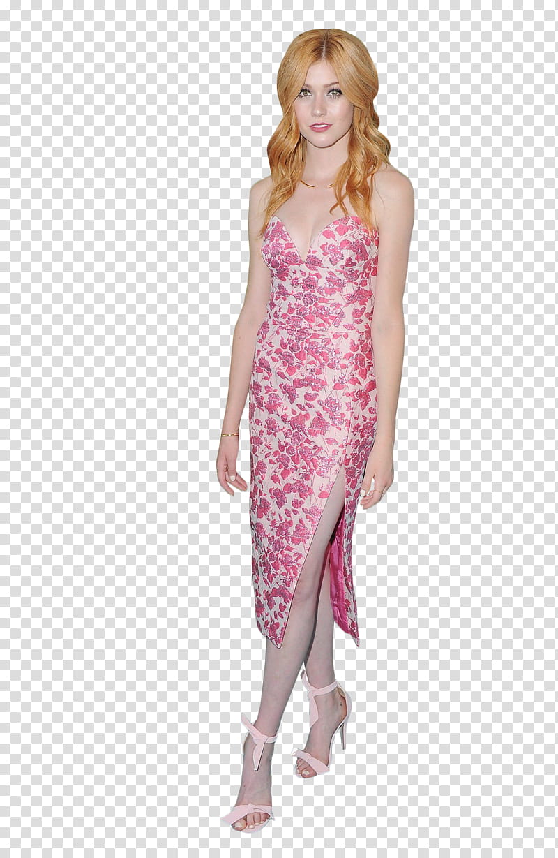Katherine McNamara, standing woman wearing pink and purple floral sweetheart neckline side-slit dress transparent background PNG clipart