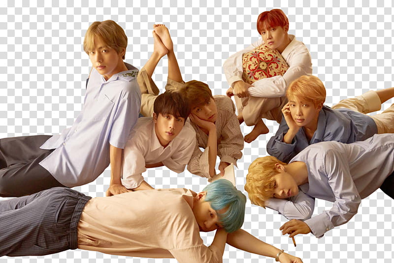 BTS LOVE YOURSELF HER L VER, eight men sitting and lying with poker face expressions transparent background PNG clipart