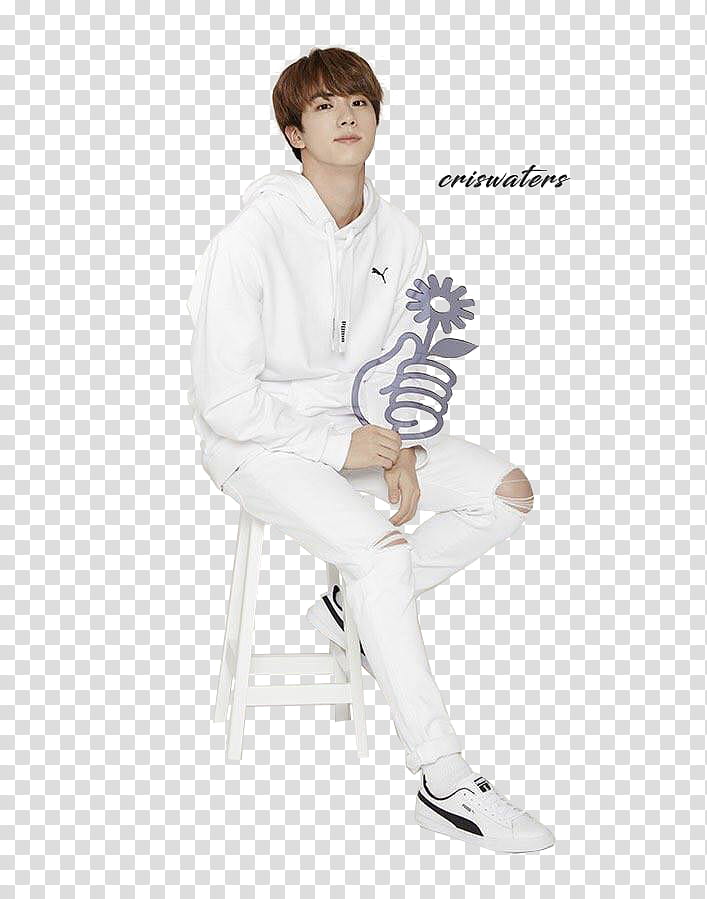 BTS for PUMA, man sitting on white wooden stool chair transparent background PNG clipart