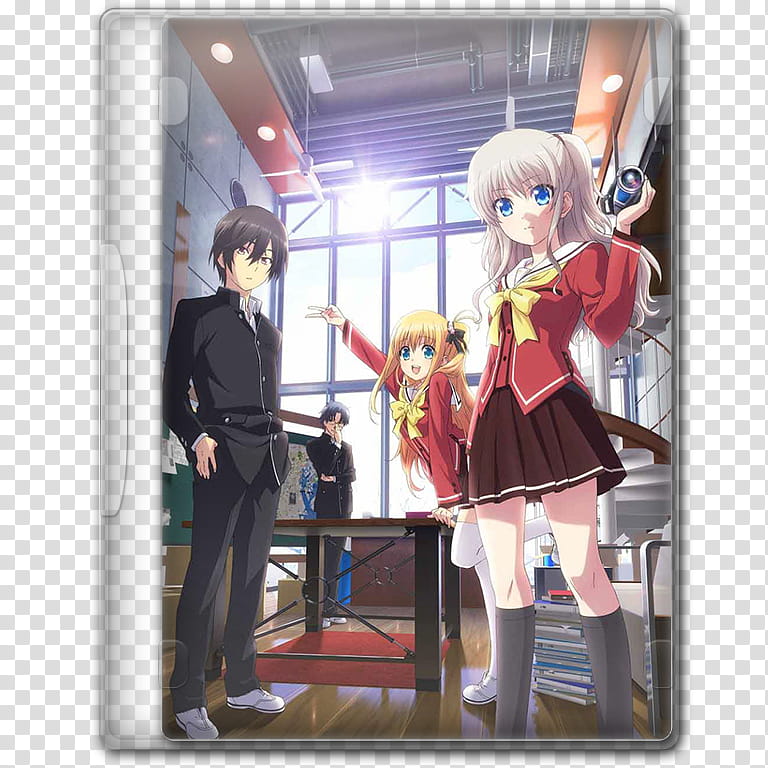Anime  Summer Season Icon , Charlotte, v, two girls and two boys in cafe transparent background PNG clipart