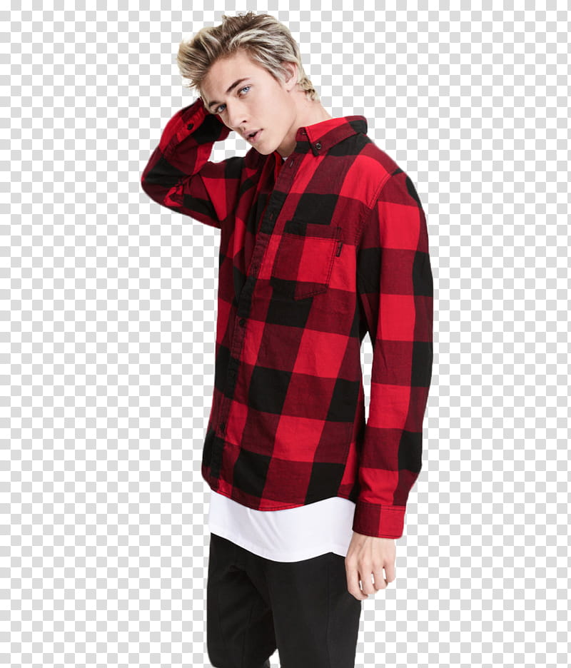 Lucky Blue Smith, man wearing red and black checked sport shirt transparent background PNG clipart