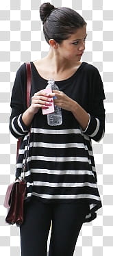 Selena Gomez , Selena Gomez wearing black-and-white striped scoop-neck long-sleeved shirt holding plastic bottled water transparent background PNG clipart