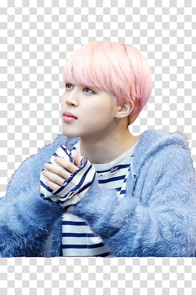 JIMIN BTS, pink haired man wearing blue fur coat transparent background PNG clipart