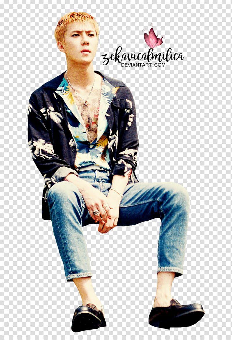 EXO Sehun The War, man wearing black and white dress shirt and blue denim pants transparent background PNG clipart