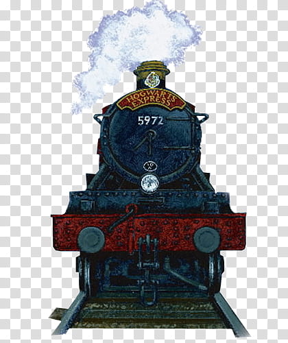 Harry Potter, blue and red Hogwarts Express train locomotive spewing