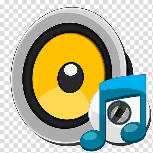 Simple Dock System Icons, mimusica, gray and yellow woofer with gray disc and blue musical note illustration transparent background PNG clipart