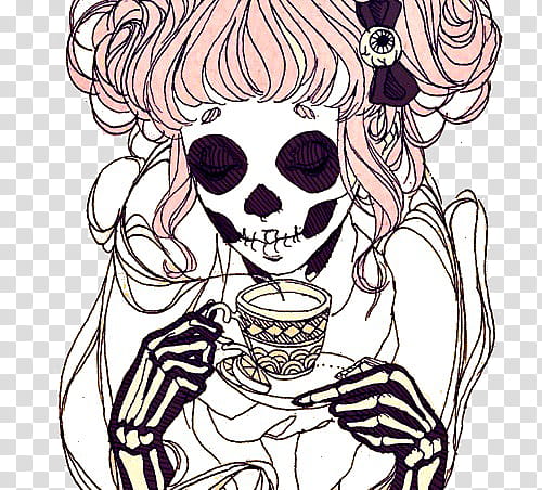 OwO, skeleton woman drinking coffee illustration transparent background PNG clipart