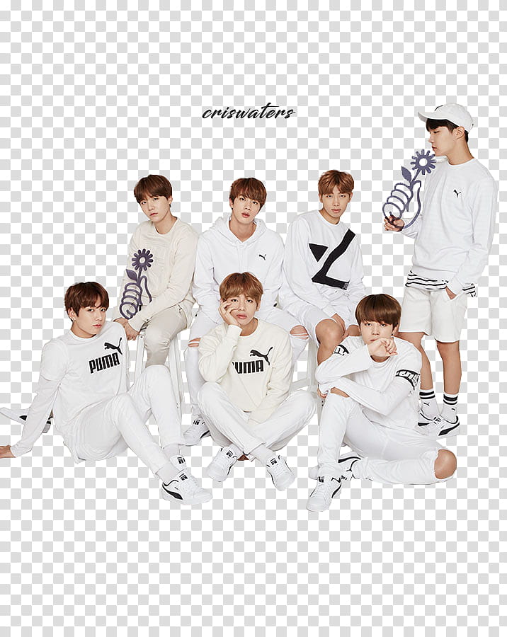 BTS for PUMA, group of men sitting on ground transparent background PNG clipart