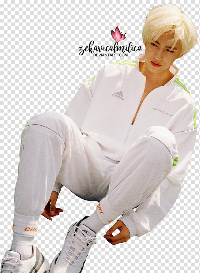 Pentagon Positive, BTS member wearing white and green adidas track suit transparent background PNG clipart