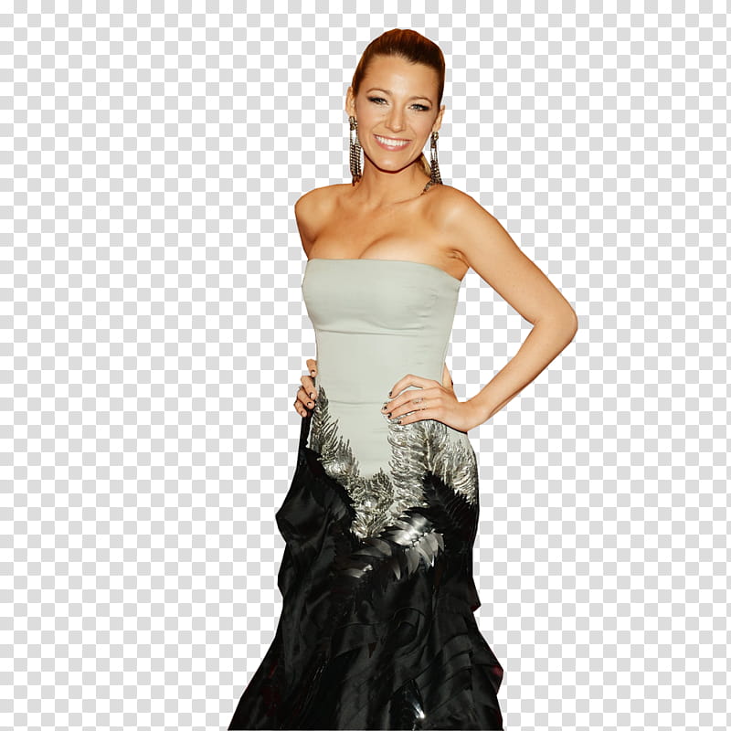 Blake Lively, Blake Lively wearing gray and black strapless dress transparent background PNG clipart