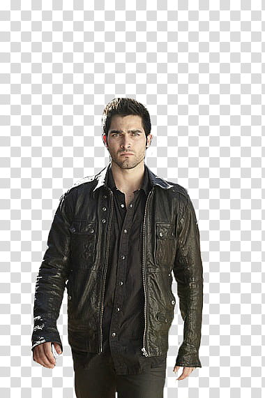 with Teen Wolf, standing man wearing black zip-up leather jackte transparent background PNG clipart