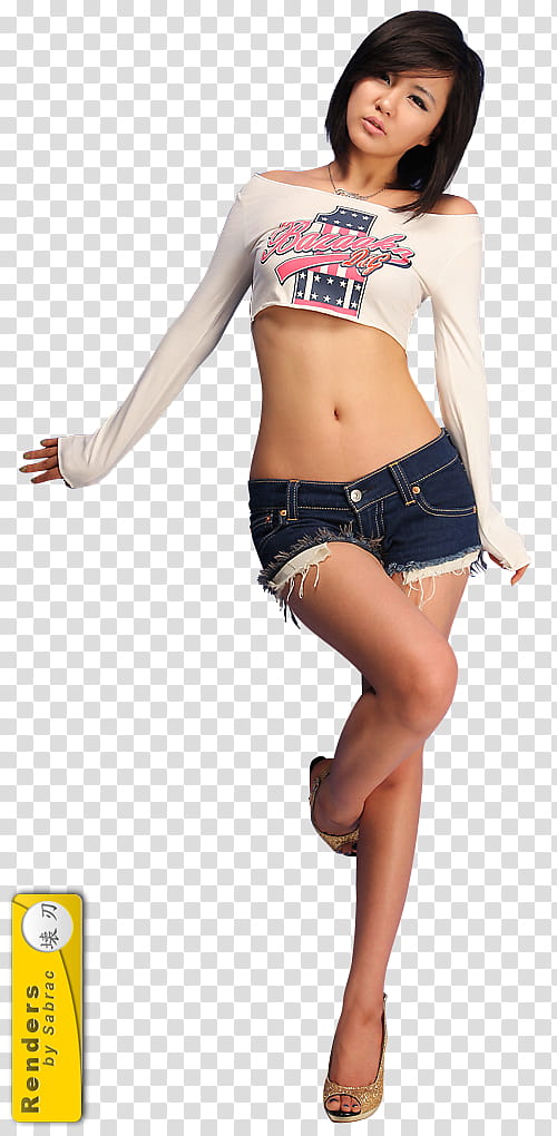 Renders Asian Girls, woman wearing white off-shoulder crop top and blue denim short shorts transparent background PNG clipart