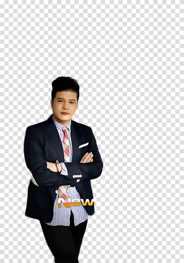 Shindong Super Junior , man crossing his arms with new text overlay transparent background PNG clipart
