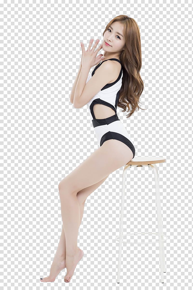 MIN AH YEON, woman wearing white and black bodysuit sitting on brown and white stool transparent background PNG clipart
