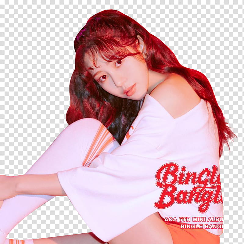 AOA BINGLE BANGLE PLAY ver , woman in white top and white socks sitting with text overlay transparent background PNG clipart
