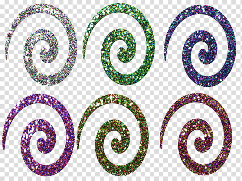 Twirlies Galore, six multicolored spiral glittery decors transparent background PNG clipart