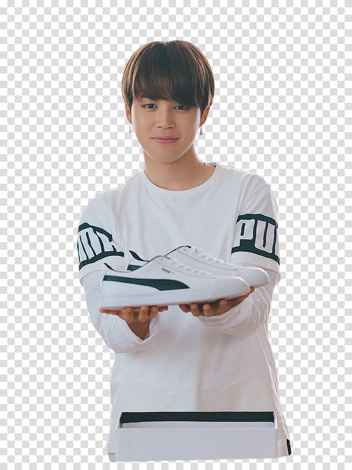 BTS, man holding pair of white sneakers transparent background PNG clipart