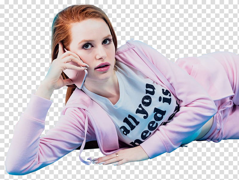 Madelaine Petsch, woman in white crew-neck shirt with pink jacket holding rose gold iPhone  transparent background PNG clipart