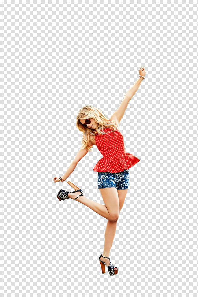Ashley Benson, woman standing while wearing red sleeveless peplum shirt and short shorts transparent background PNG clipart